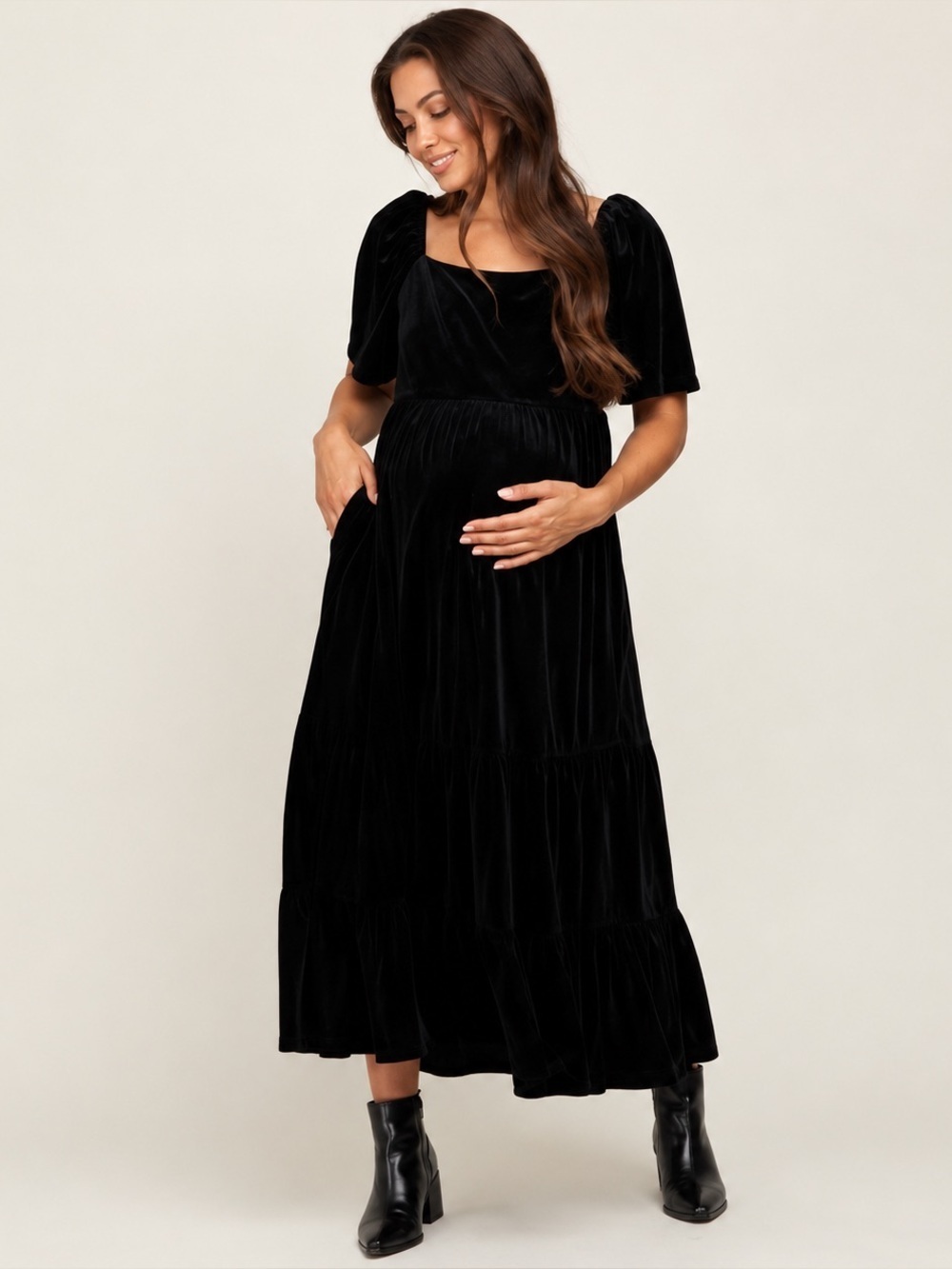 Pinkblush Black Velvet Tiered Maternity Maxi Dress Large
